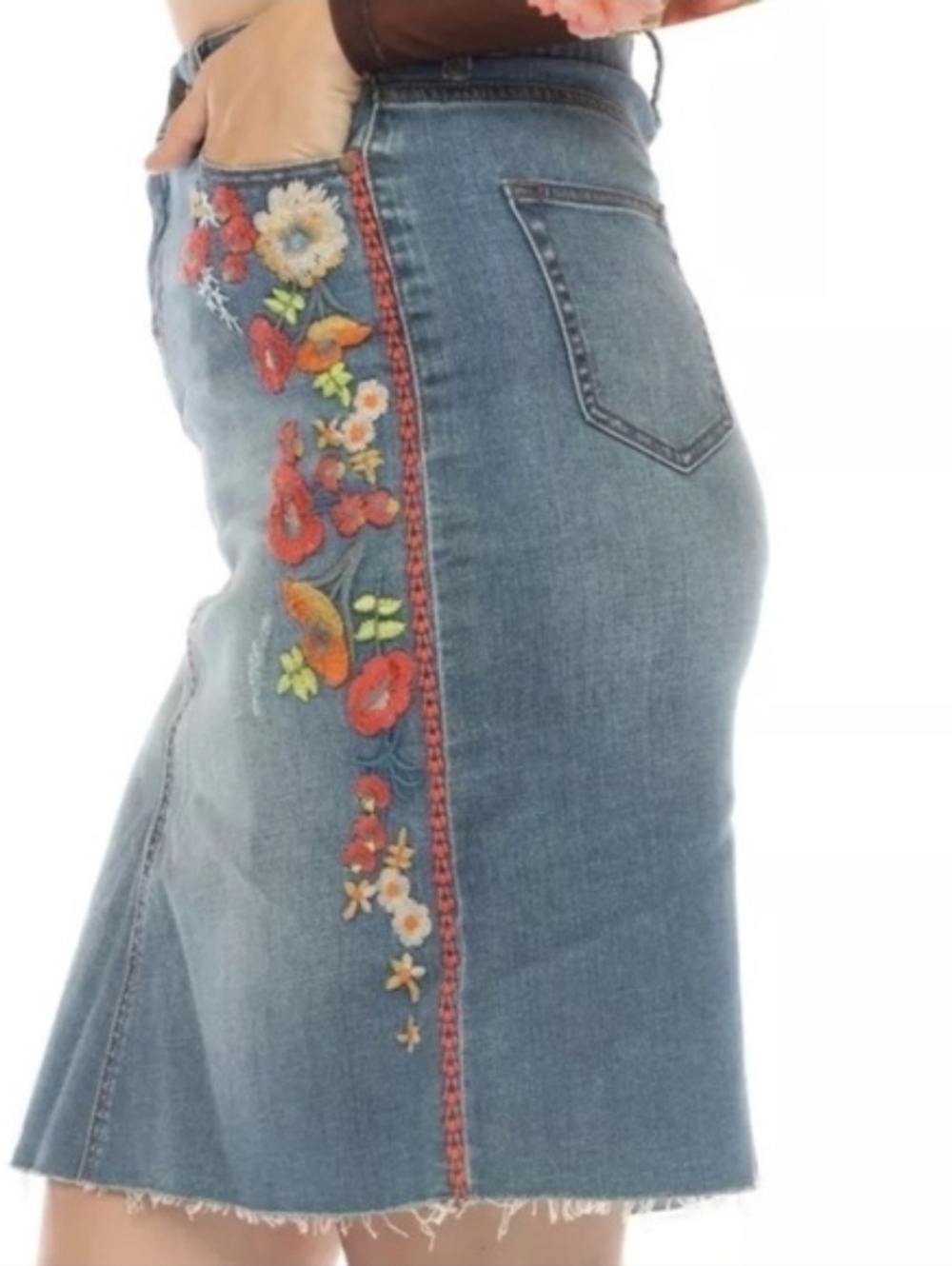 Johnny Was Jwla indigo embroidered denim jean skirt boho chic design Size 30 - Picture 6 of 16